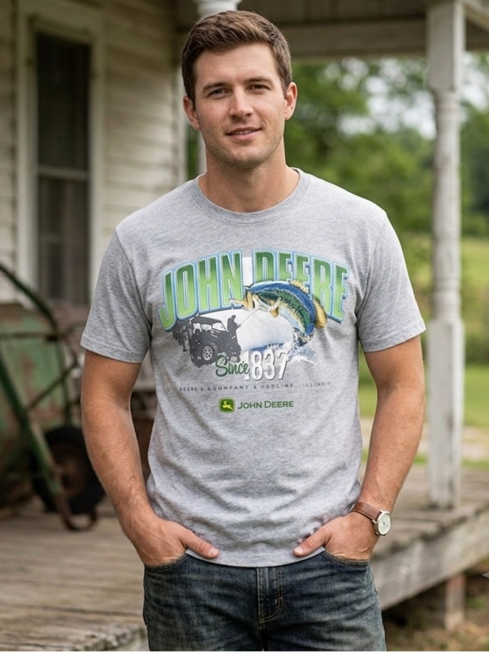 John Deere Men’s Gray Graphic Logo T-Shirt, Size Medium Crewneck Short Sleeve